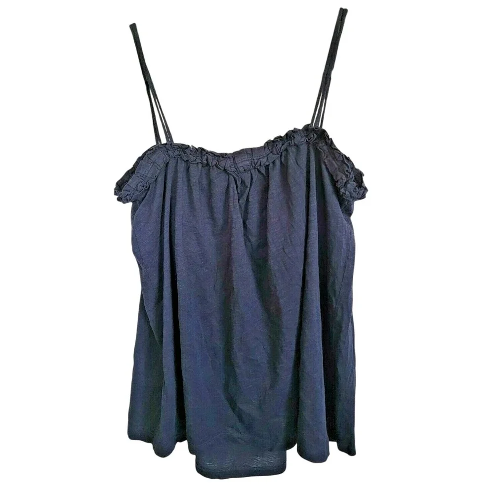 J. Crew L Braided Strap Cami Top Navy Blue Cotton Slub Ruffle Tank‎ Large NWT